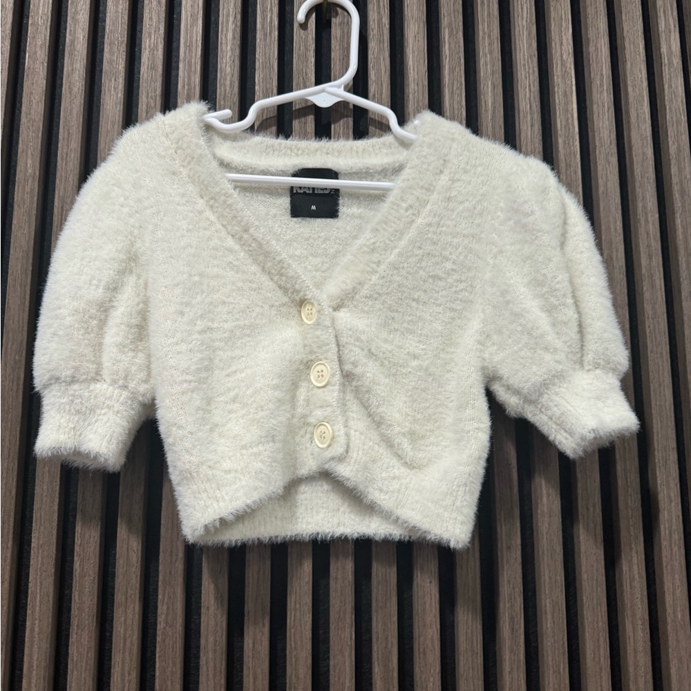 Katie J NYC cream Fuzzy V-Neck Button Front Sweater
